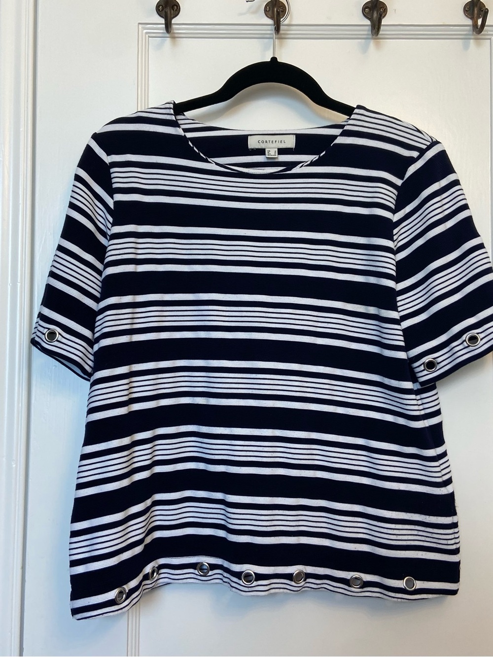 Cortefiel Navy & White Striped Short Sleeve Top with Grommet Detail Sz M